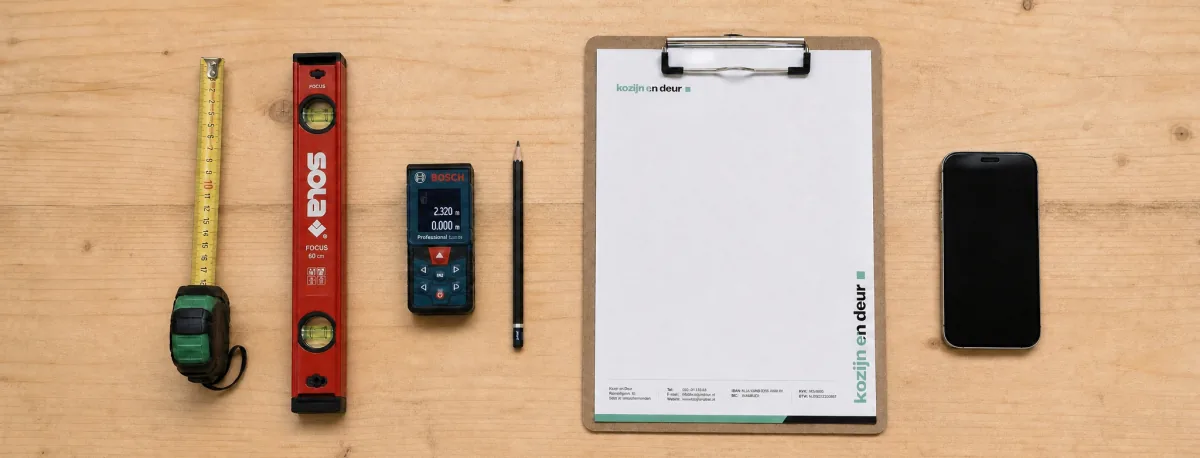 Bovenaanzicht van een houten tafel met meetgereedschap: rolmaat, waterpas, laserafstandsmeter, potlood, meetformulier op klembord en smartphone